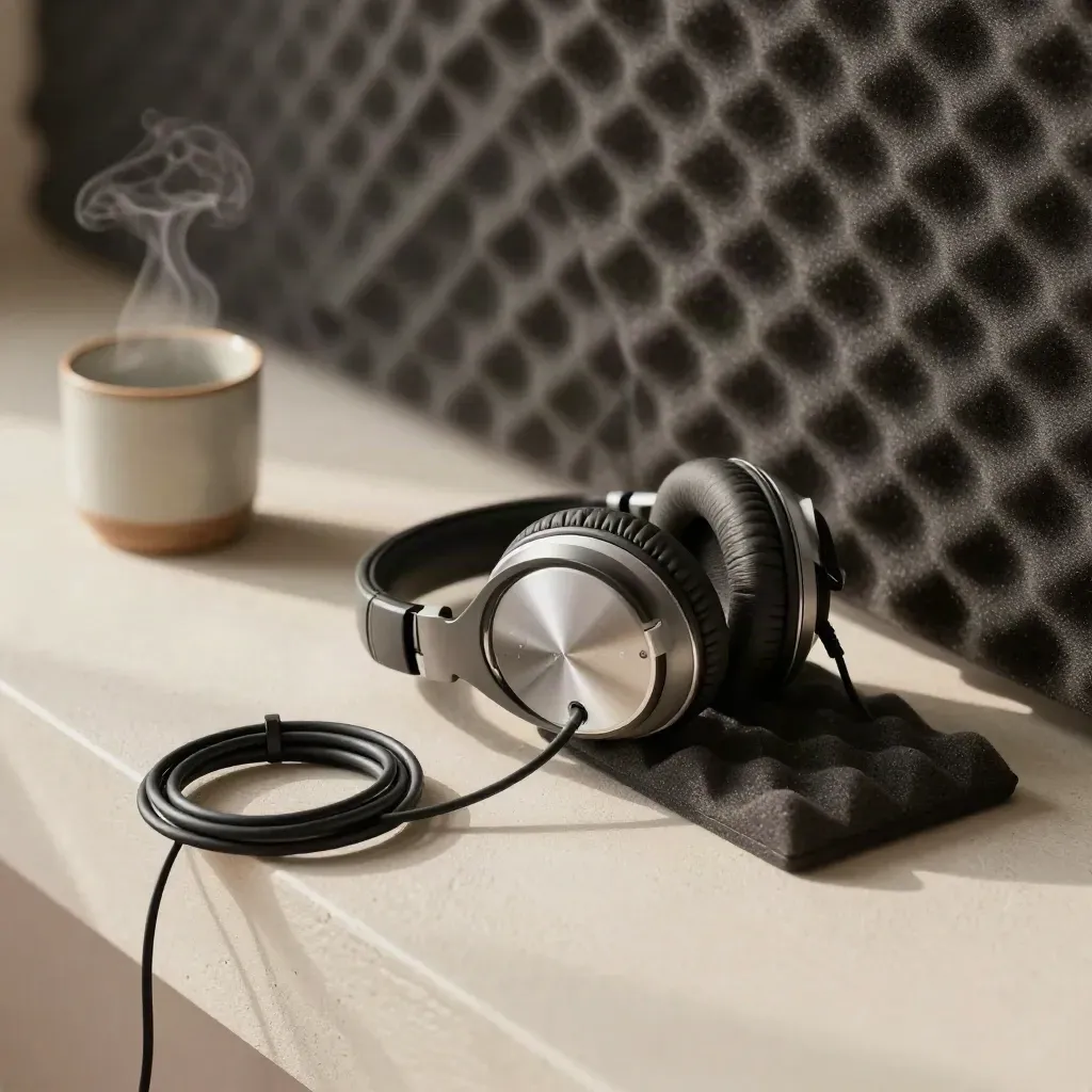 Headphones, audio interface, cable coil and cup on pale plaster with drifting dust