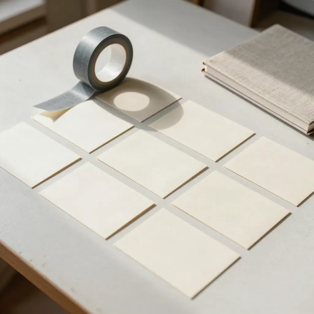 Overhead campaign-planning still life with cards, tape roll, and notebook on plaster.