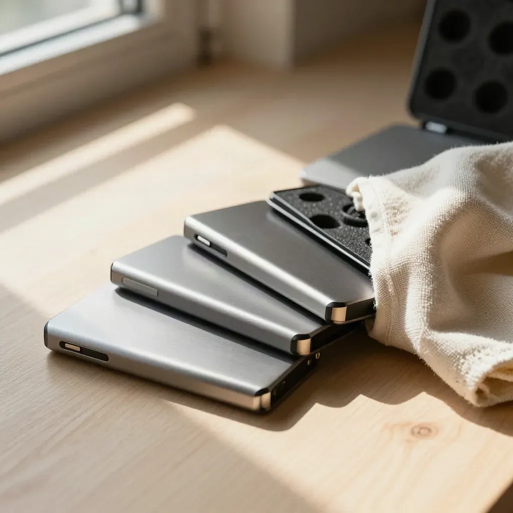 Three brushed-metal SSDs and a slim case on pale wood, ready for handoff.
