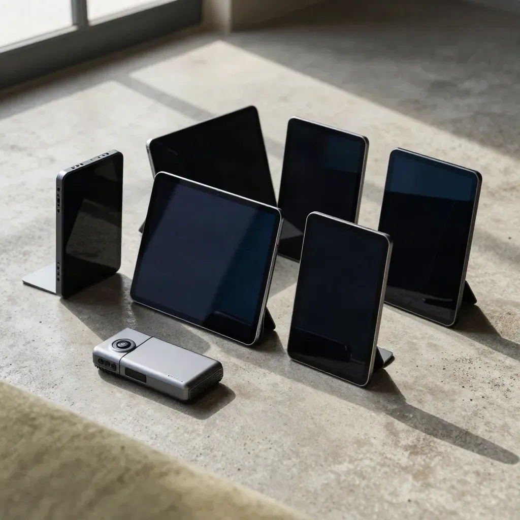 Six tablets, a wireless recorder and clip-on stand arranged on concrete in cool window light.