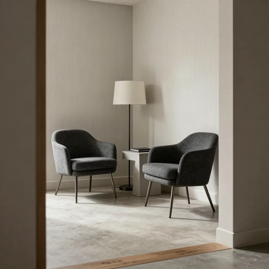 Doorway view of an empty interview corner with chairs, lamp, side table and acoustic panels.