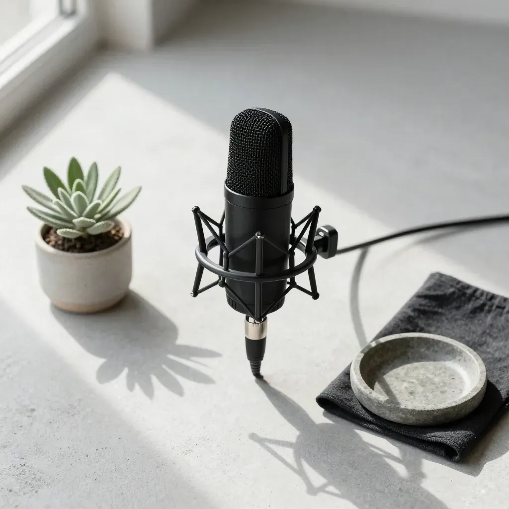 Top-down flatlay of a shotgun mic, plant, cloth and dish on pale concrete with soft window light.