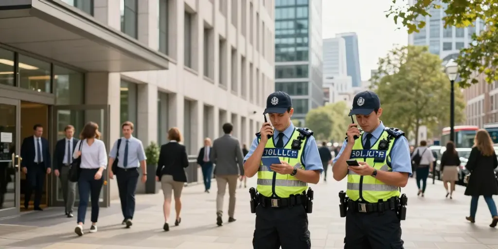Trusted security services team ensuring safety at a corporate building in London, showcasing local providers and community service.